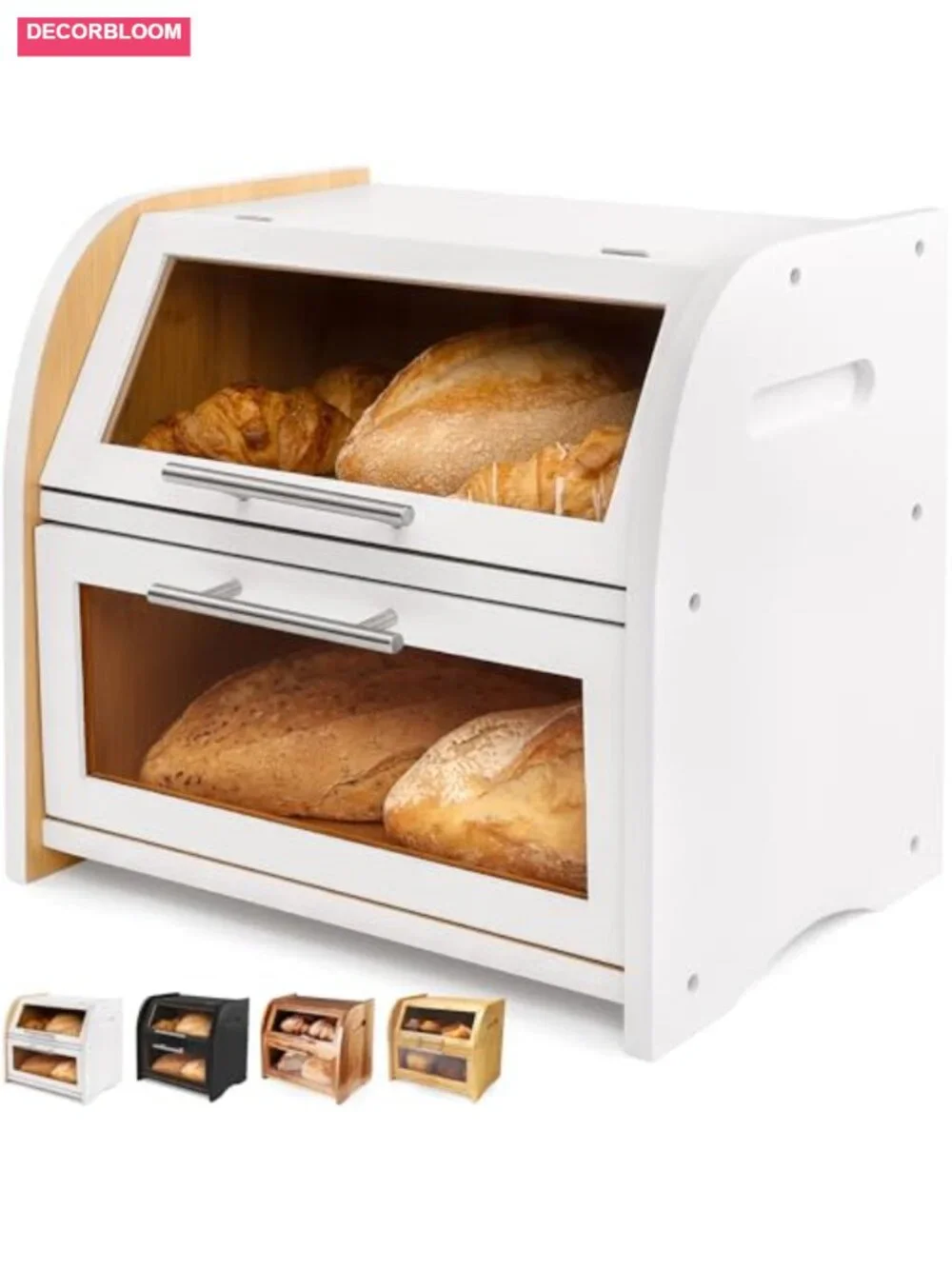 Large Bamboo 2-Tier Bread Box with Acrylic Windows for Kitchen Counter
